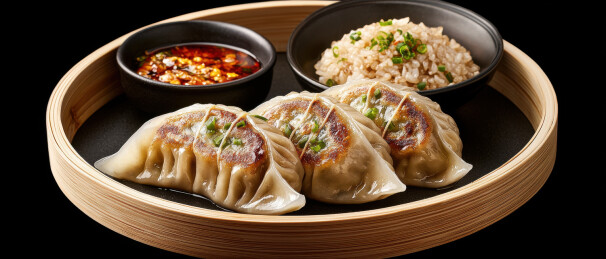 美味煎饺配米饭和酱料