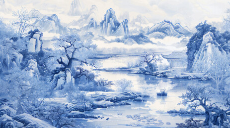 青花山水花卉中式意境背景