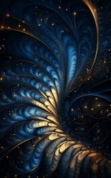 闪烁金色光斑的深蓝色梦幻羽毛图景