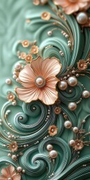 绿色背景上饰有珍珠的粉色花朵浮雕图案