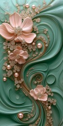 绿色背景上饰有珍珠的粉色花朵浮雕图案