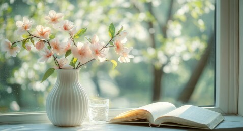 窗边花瓶插桃花配书场景