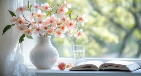 窗边花瓶插桃花配书场景
