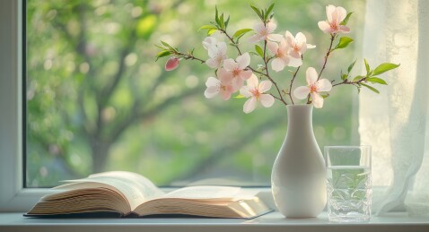 窗边花瓶插桃花配书场景