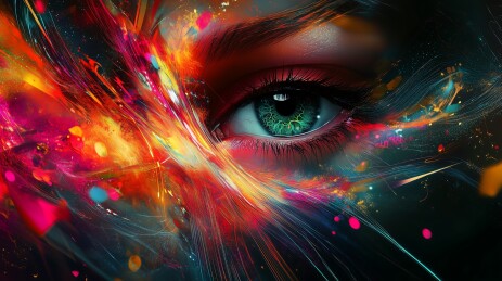 幻彩光芒中凝视的神秘绿眸