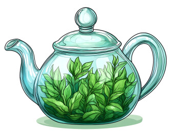 玻璃茶壶里的绿茶叶