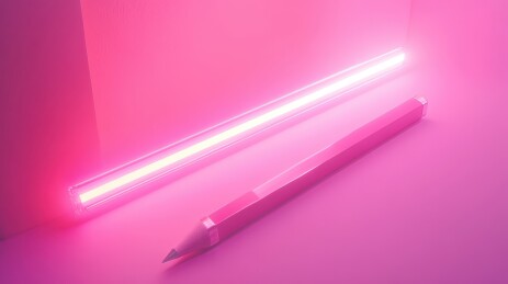 荧光灯与铅笔在粉红背景的创意组合
