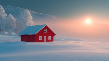 雪原红屋清晨日出