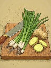 木质砧板上的葱花与姜块