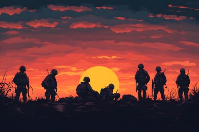 夕阳余晖下的战士整理装备