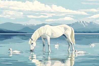 湖边白马饮水天鹅游弋