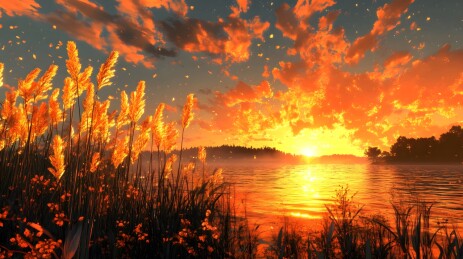 夕阳下河岸边的金色芦苇