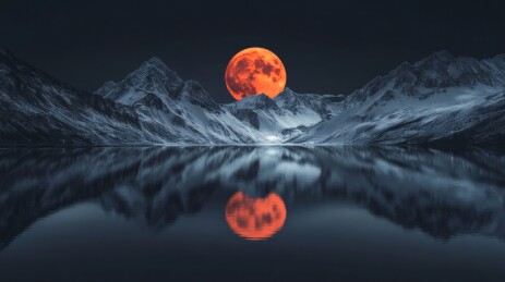 血月映雪山静谧夜色