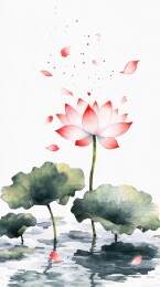 红莲飘落水墨画