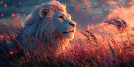 梦幻白狮紫粉田野静谧凝望