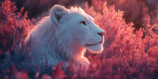 梦幻白狮紫粉田野静谧凝望