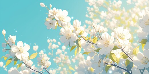 蓝底阳光白花绿叶图景