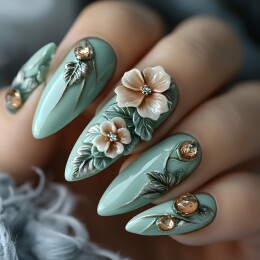 淡绿色花朵美甲精致华丽