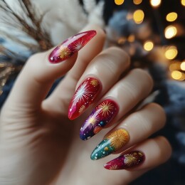 绚丽烟花图案的美甲手部特写