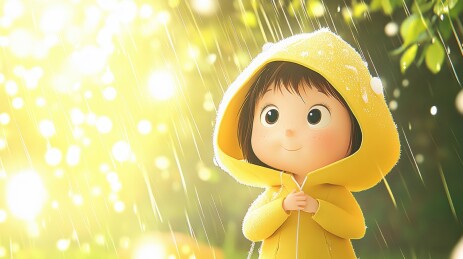 穿雨衣的卡通女孩淋雨