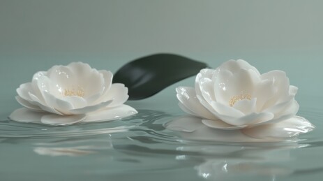 水面漂浮的两朵白瓷花