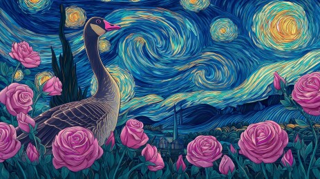 月夜繁花旁的大雁