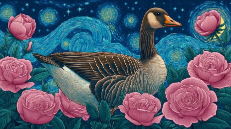 月夜繁花旁的大雁