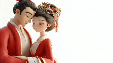 穿着中国古风婚礼服装情侣