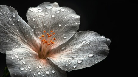 黑底带水珠的白色花朵