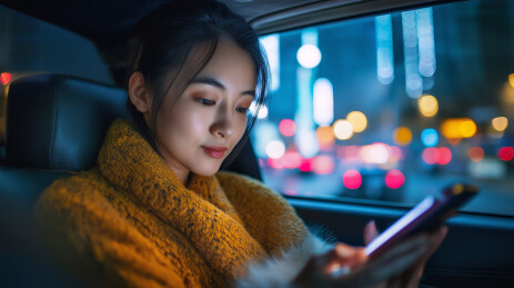 夜晚城市车里的看手机的女孩