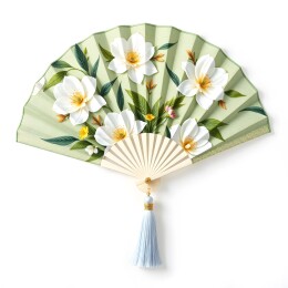 绘白花绿叶的中式折扇