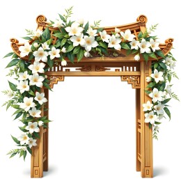 中式木牌坊装饰着白色花卉