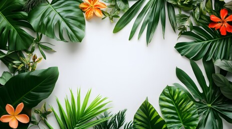 绿叶繁花环绕的白色背景