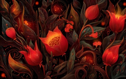 暗调火红花卉夜景图