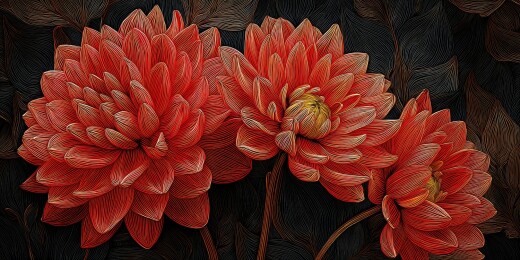 暗调火红花卉夜景图