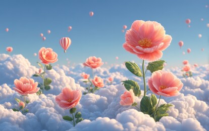 蓝天繁花绽放景象图