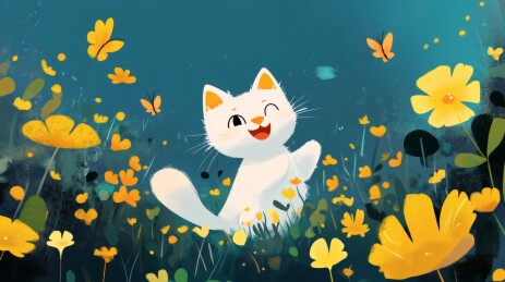 快乐白猫花田嬉戏