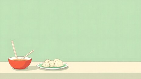 清雅中式早餐，淡绿背景素描