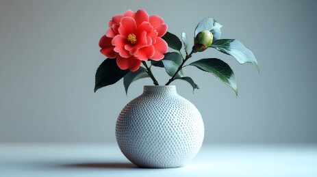 花瓶中绽放的艳丽红山茶花