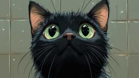 大眼睛黑猫插画特写