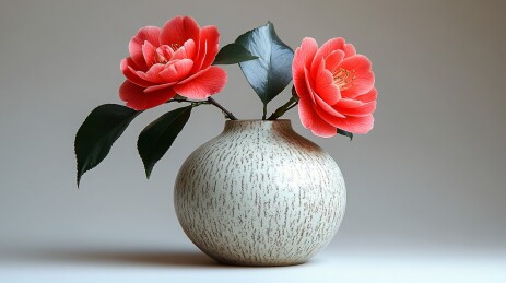 花瓶中绽放的艳丽红山茶花