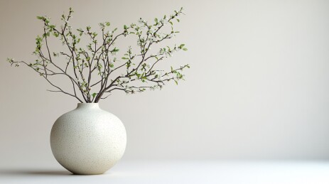白瓷花瓶中的嫩绿枝芽