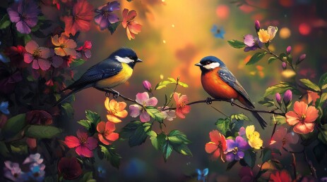 繁花间双鸟相依插画