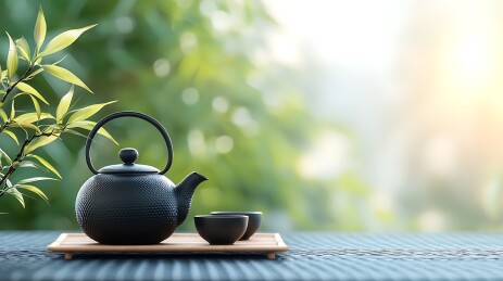 茶具与绿意盎然
