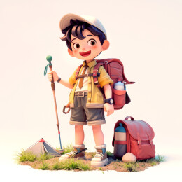 3D卡通少年徒步登山