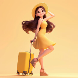 3D夏日卡通少女旅行出行
