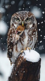 雪天站在树桩上的猫头鹰与猎物