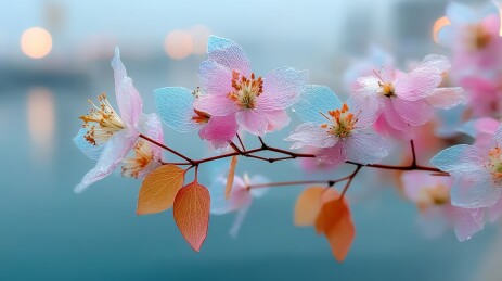 带露春花枝头景象图