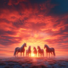 落日下四匹骏马