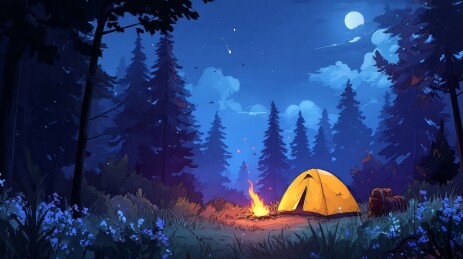 月夜森林露营图景
